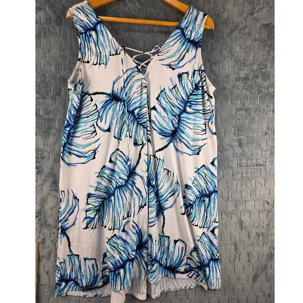 Portocruz Womens 1X Tropical Palm Leaf‎ Lace Up Back Shift Dress Blue White